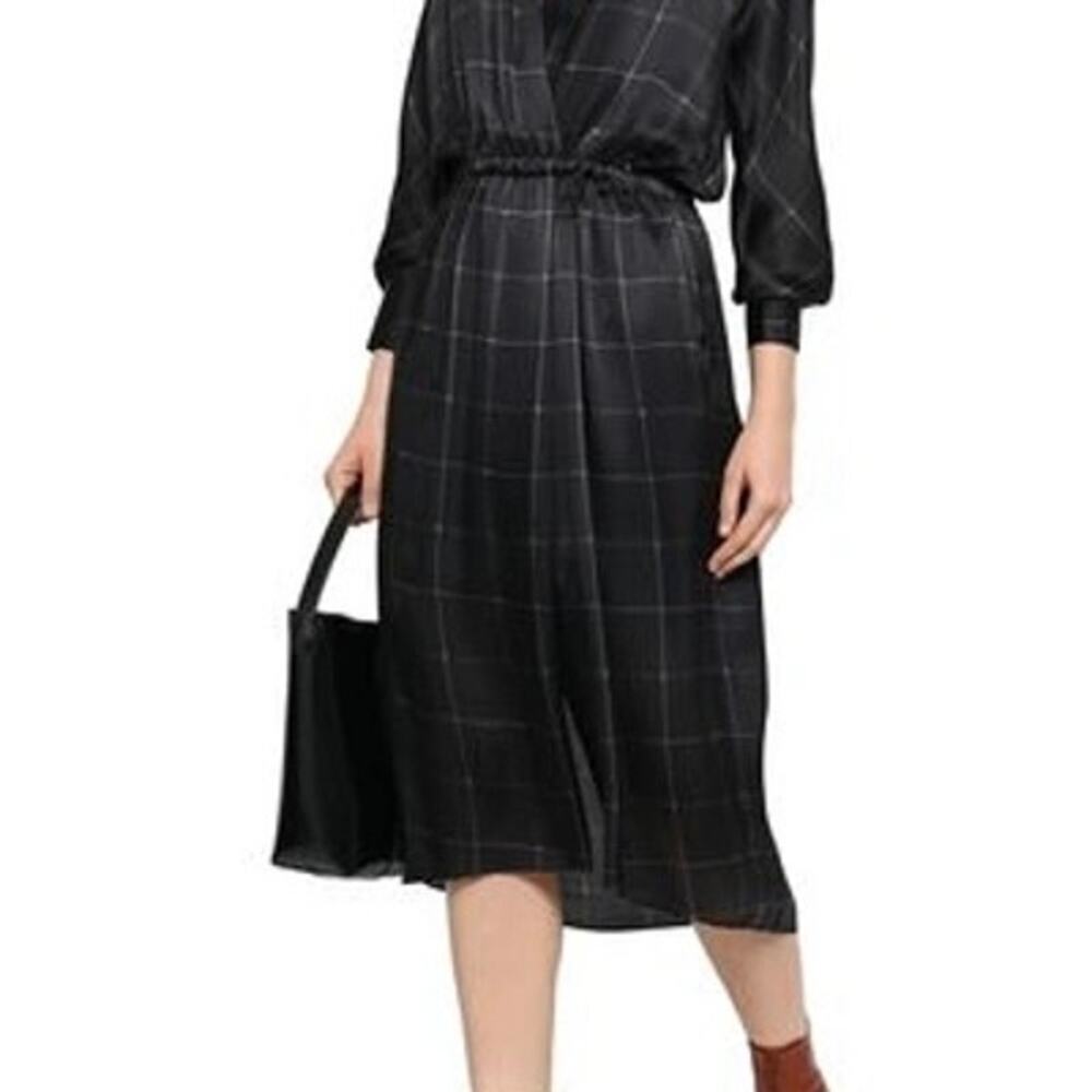VINCE Women's 100% Silk Black Checkered Wrap-Effect Satin Midi Dress Size Medium